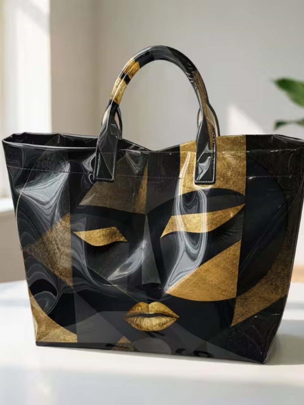 Black Gold Abstract Face Tote Bag Large Shopper Shoulder Bag Art Print Handbag - Picture 7 of 9